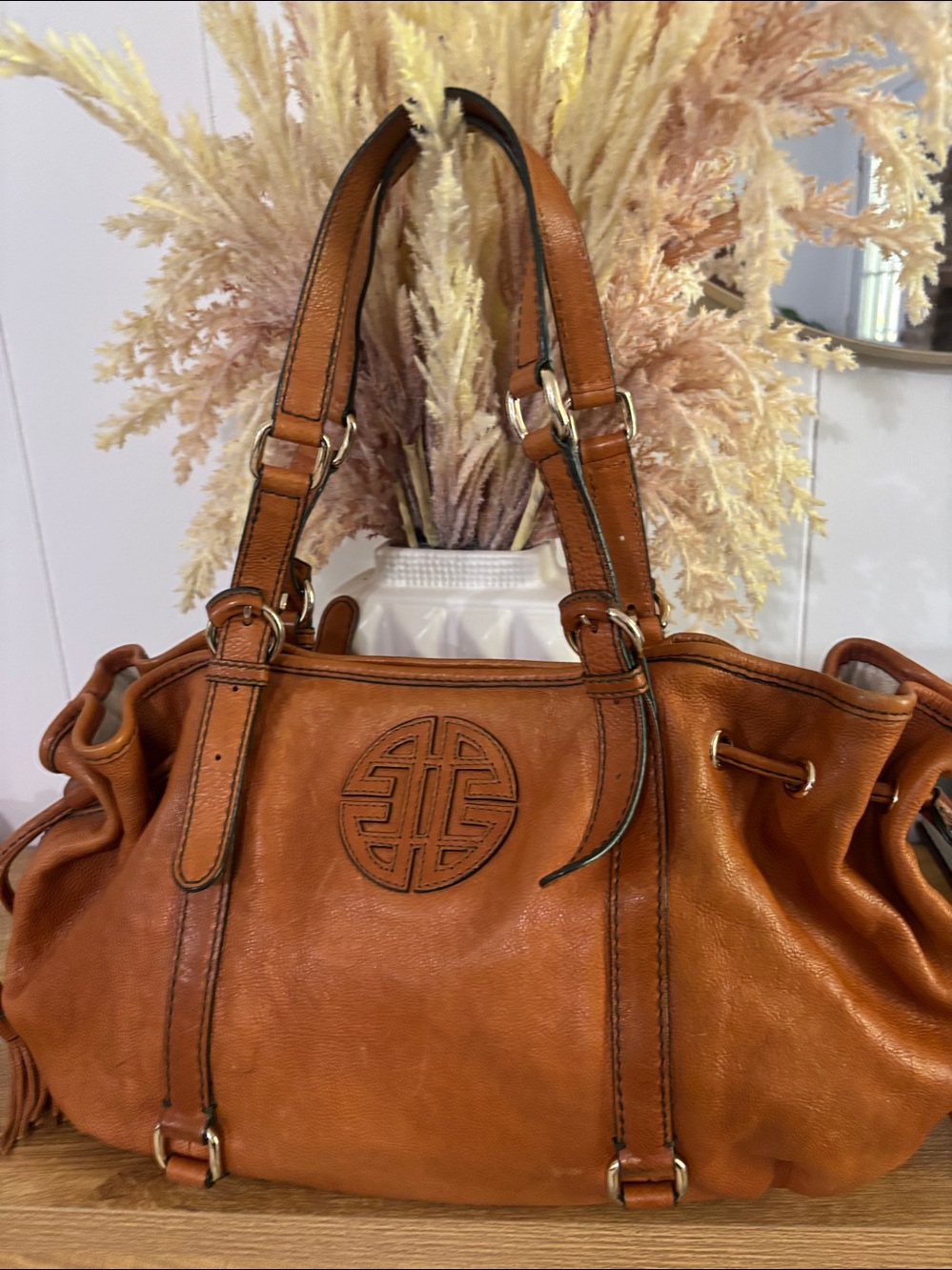 Antonio Melani Caramel Leather Shoulder Bag with Tassel Detail